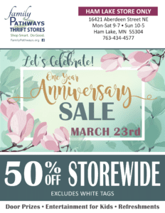 Ham Lake Thrift Store Anniversary Sale March 23