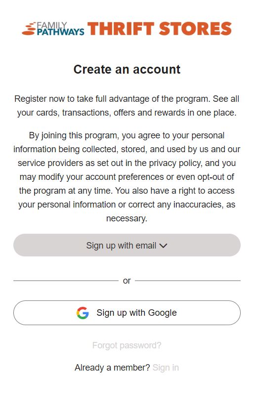 Screen shot of Pathways Perks "Create an account" landing page.