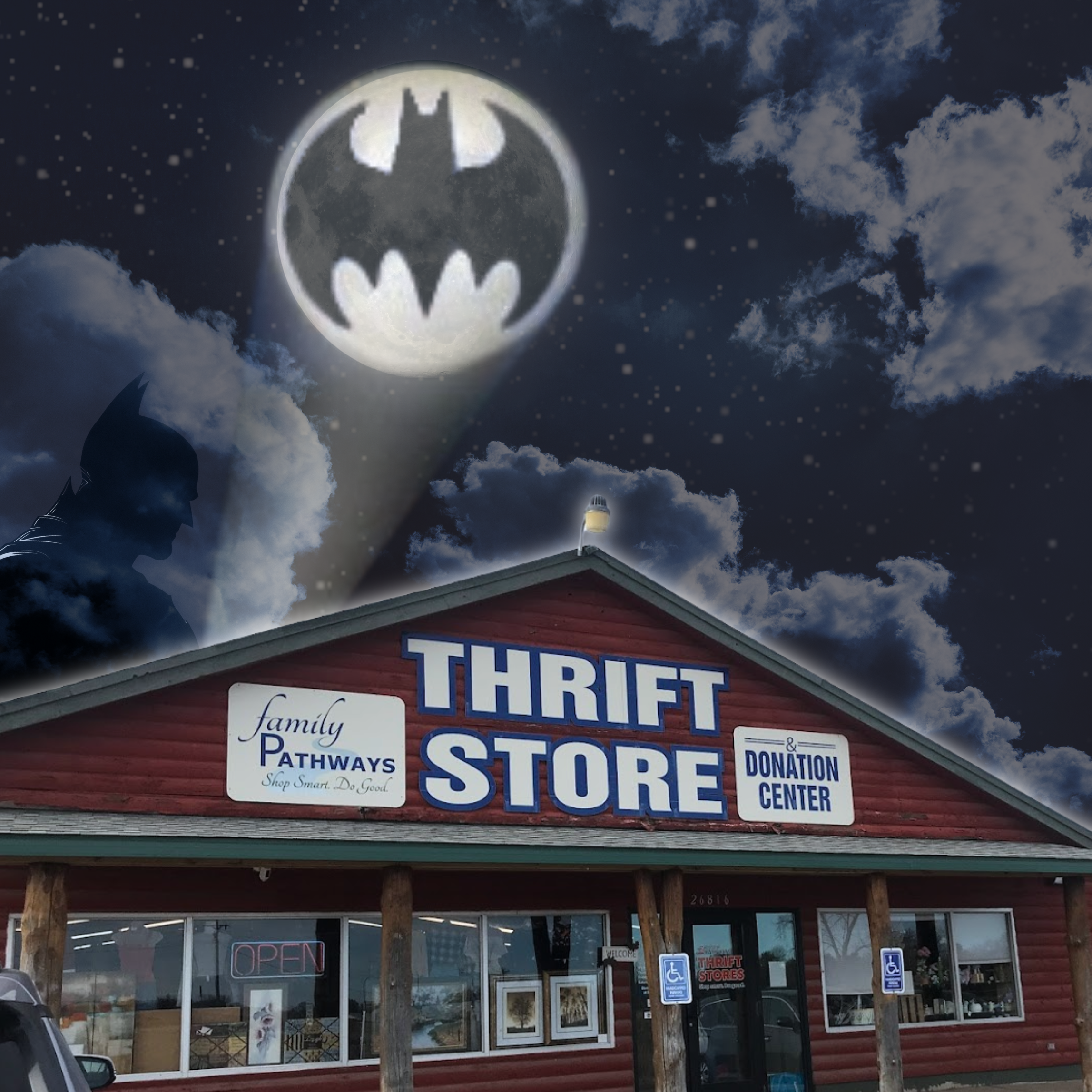 Bat signal over the Wyoming Thrift Store